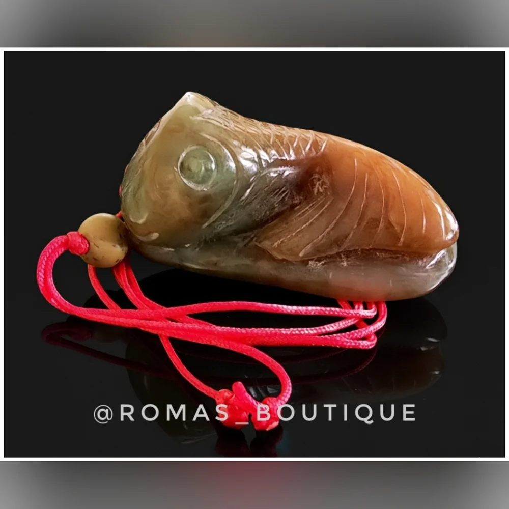 Chinese Carved Jade Stone Coyfish Pendant Necklace